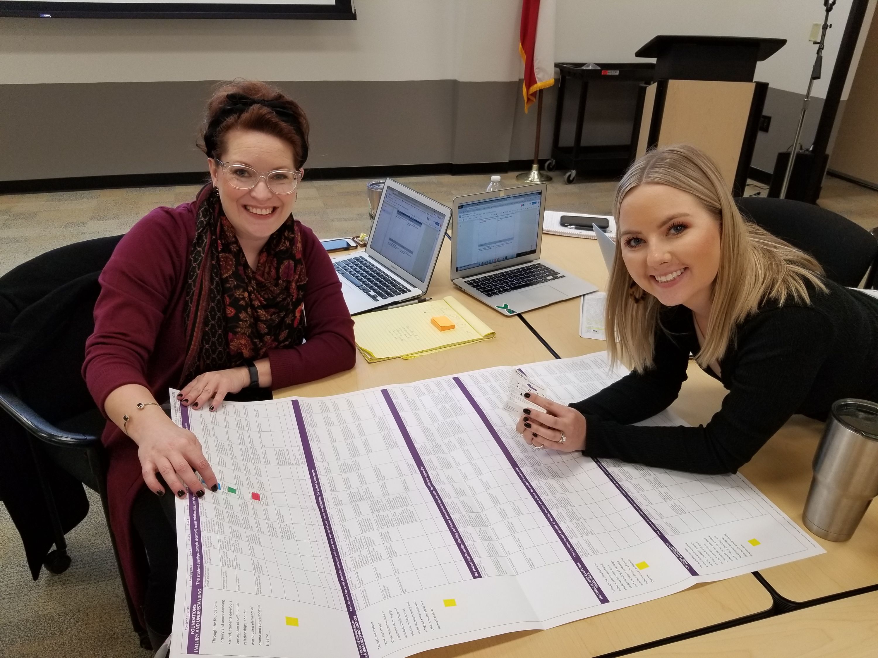 Picture of two teachers sitting at a table looking at a chart that features the Texas Essential Knowledge and Skills.