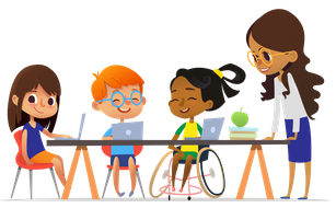 Cartoon kids sitting at desk with teacher