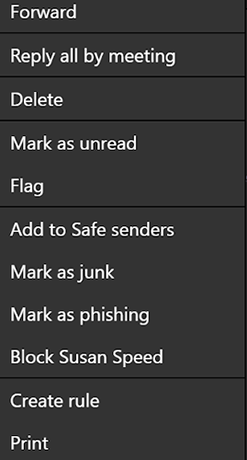 Popup menu showing 'Add to safe senders' menu option