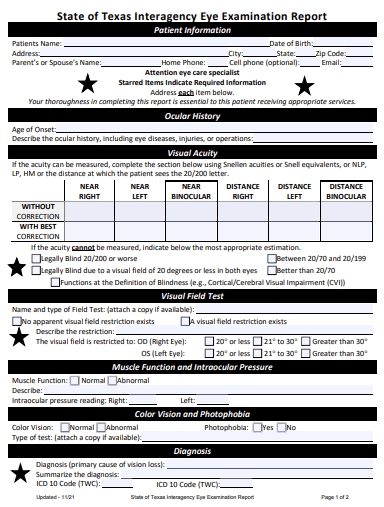 Example State of Texas Eye Exam Report