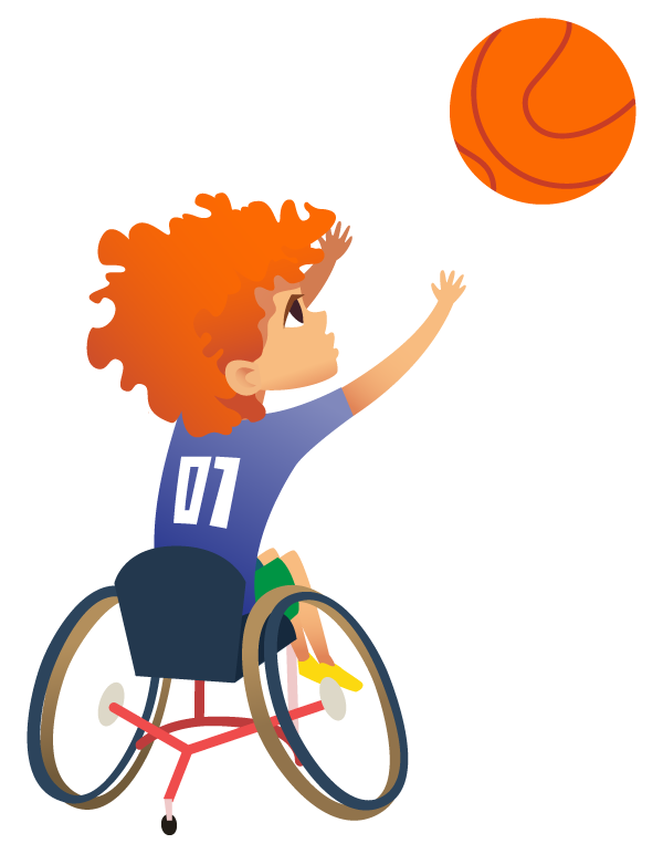cartoon boy playing basketball from wheelchair