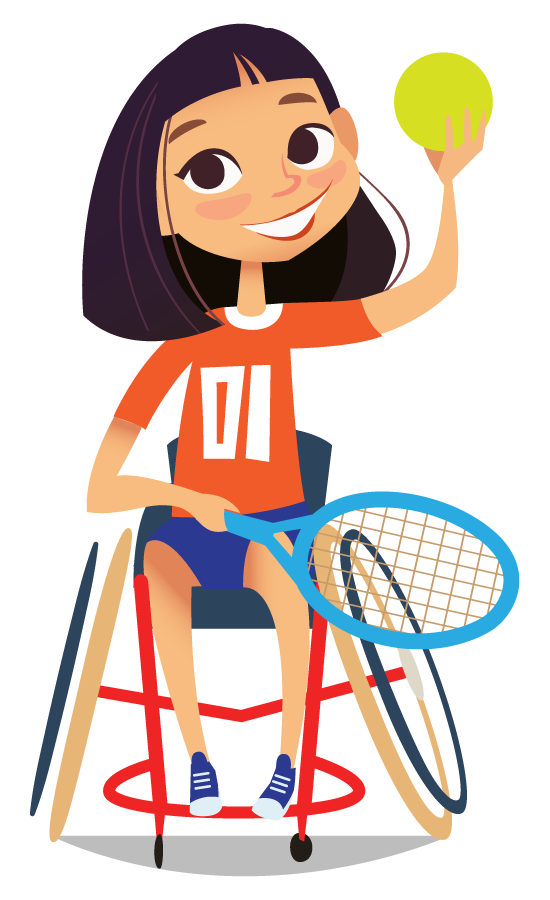 cartoon girl playing tennis from wheelchair