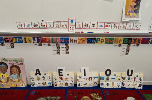 Wide shot of alphabet letters on a wall and letter folders